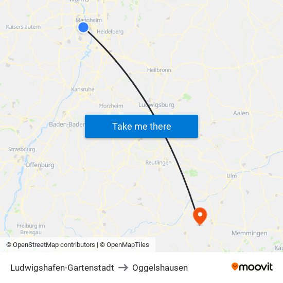 Ludwigshafen-Gartenstadt to Oggelshausen map