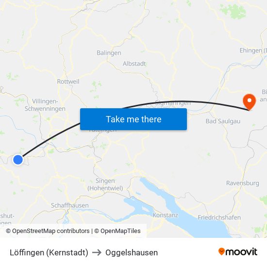 Löffingen (Kernstadt) to Oggelshausen map