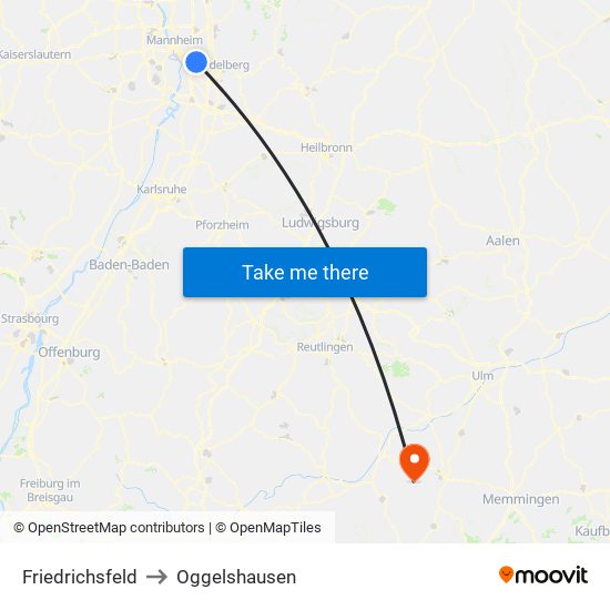 Friedrichsfeld to Oggelshausen map