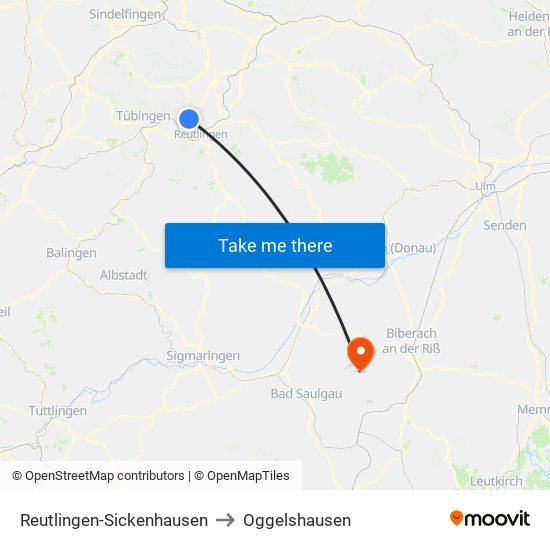 Reutlingen-Sickenhausen to Oggelshausen map
