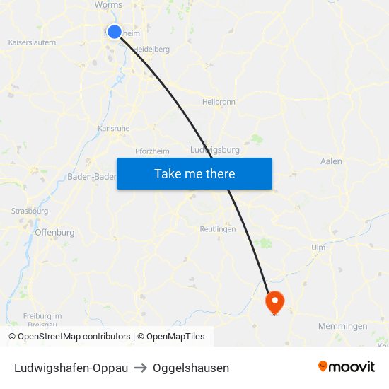 Ludwigshafen-Oppau to Oggelshausen map