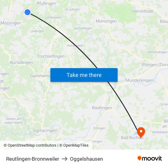 Reutlingen-Bronnweiler to Oggelshausen map