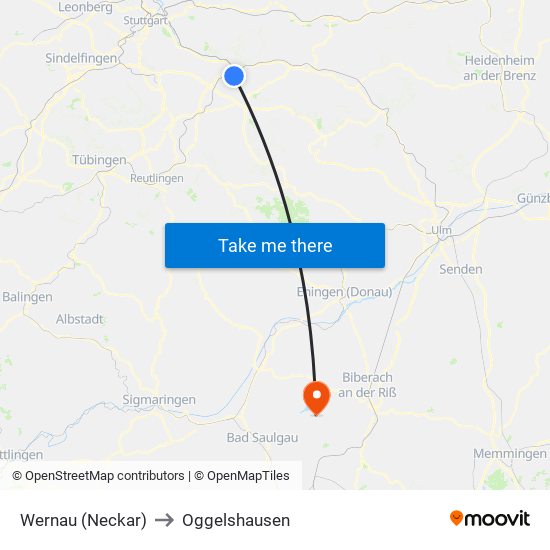 Wernau (Neckar) to Oggelshausen map