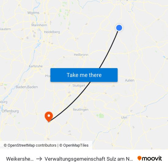 Weikersheim to Verwaltungsgemeinschaft Sulz am Neckar map