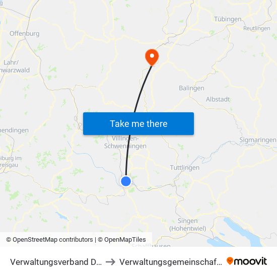 Verwaltungsverband Donaueschingen to Verwaltungsgemeinschaft Sulz am Neckar map
