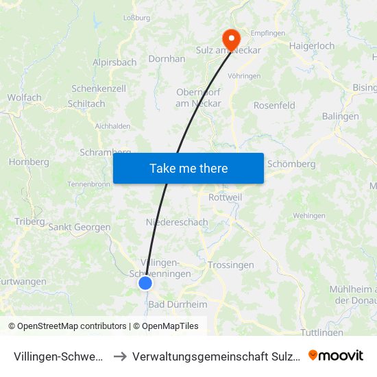 Villingen-Schwenningen to Verwaltungsgemeinschaft Sulz am Neckar map
