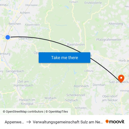 Appenweier to Verwaltungsgemeinschaft Sulz am Neckar map