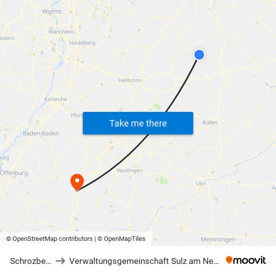 Schrozberg to Verwaltungsgemeinschaft Sulz am Neckar map