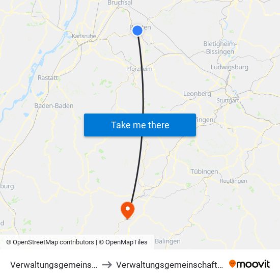 Verwaltungsgemeinschaft Bretten to Verwaltungsgemeinschaft Sulz am Neckar map