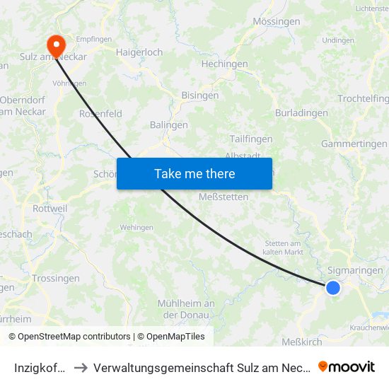 Inzigkofen to Verwaltungsgemeinschaft Sulz am Neckar map