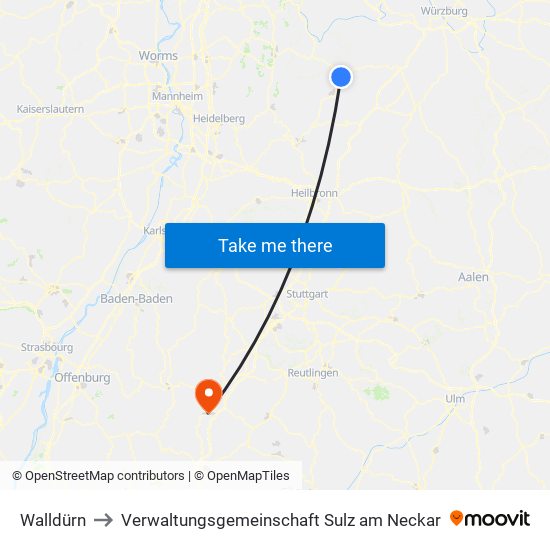 Walldürn to Verwaltungsgemeinschaft Sulz am Neckar map