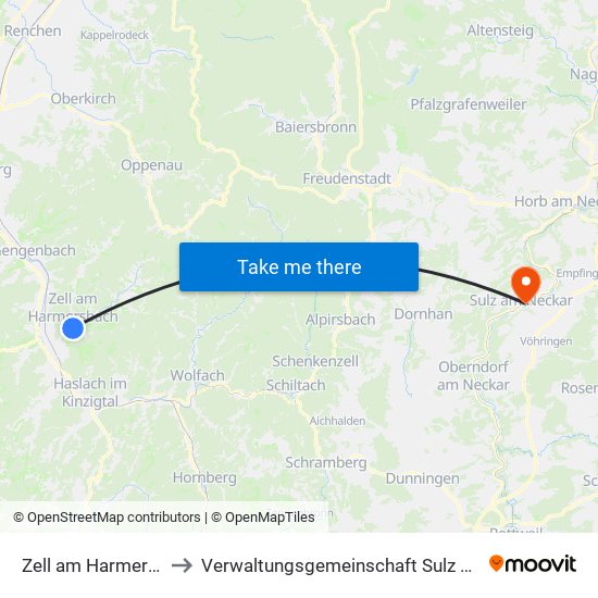 Zell am Harmersbach to Verwaltungsgemeinschaft Sulz am Neckar map