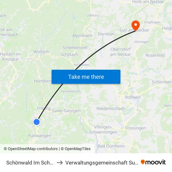 Schönwald Im Schwarzwald to Verwaltungsgemeinschaft Sulz am Neckar map