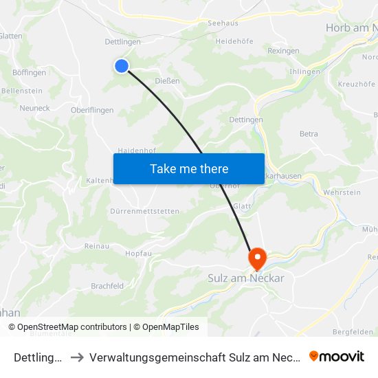 Dettlingen to Verwaltungsgemeinschaft Sulz am Neckar map