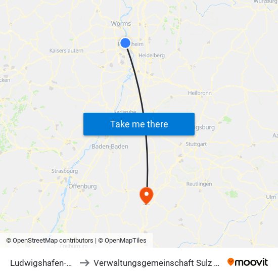 Ludwigshafen-Oppau to Verwaltungsgemeinschaft Sulz am Neckar map