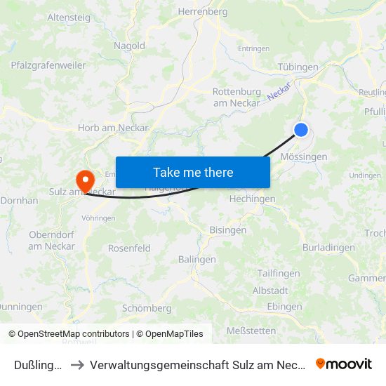 Dußlingen to Verwaltungsgemeinschaft Sulz am Neckar map