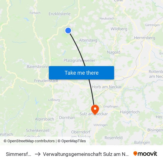 Simmersfeld to Verwaltungsgemeinschaft Sulz am Neckar map