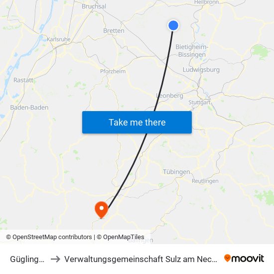 Güglingen to Verwaltungsgemeinschaft Sulz am Neckar map