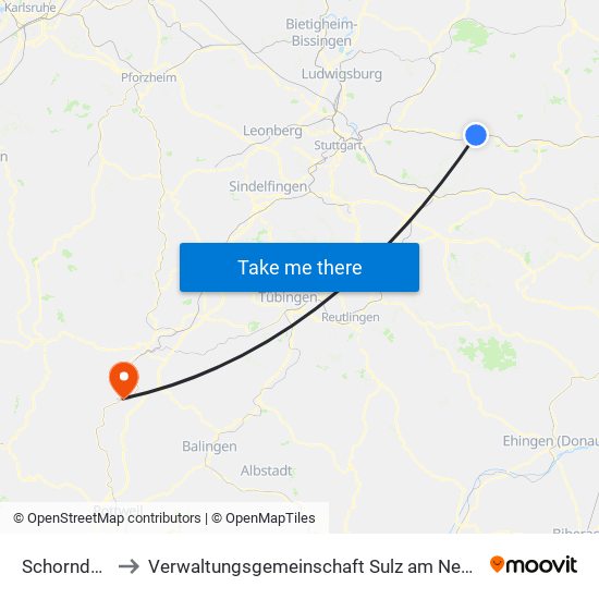 Schorndorf to Verwaltungsgemeinschaft Sulz am Neckar map