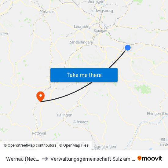 Wernau (Neckar) to Verwaltungsgemeinschaft Sulz am Neckar map