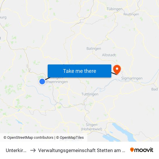Unterkirnach to Verwaltungsgemeinschaft Stetten am Kalten Markt map