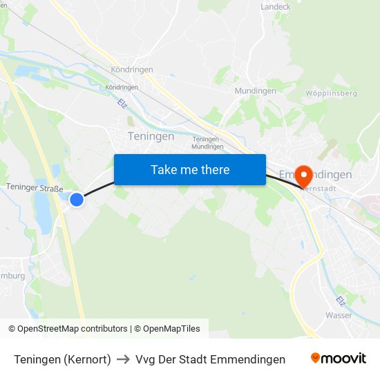 Teningen (Kernort) to Vvg Der Stadt Emmendingen map