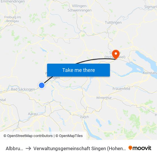 Albbruck to Verwaltungsgemeinschaft Singen (Hohentwiel) map