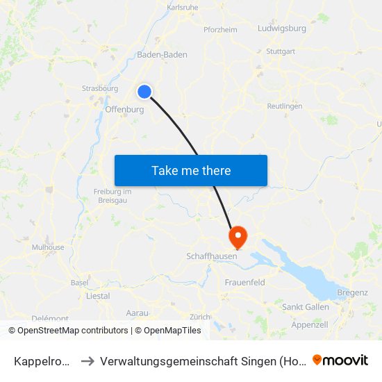 Kappelrodeck to Verwaltungsgemeinschaft Singen (Hohentwiel) map