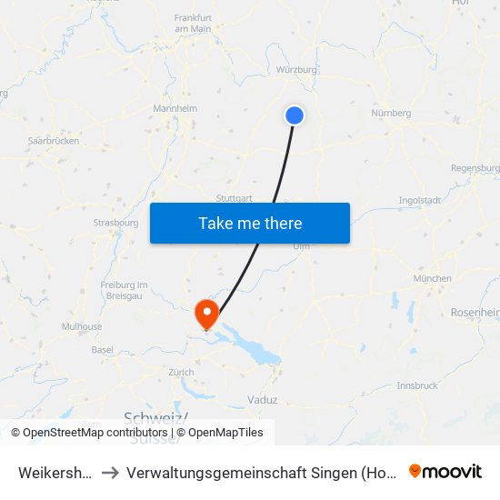 Weikersheim to Verwaltungsgemeinschaft Singen (Hohentwiel) map