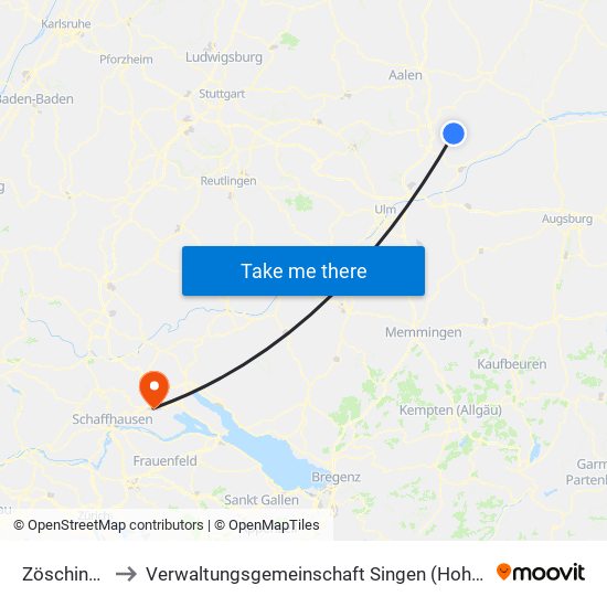Zöschingen to Verwaltungsgemeinschaft Singen (Hohentwiel) map