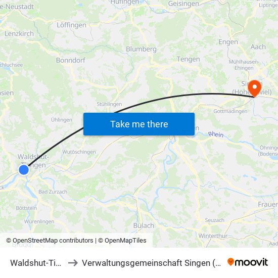 Waldshut-Tiengen to Verwaltungsgemeinschaft Singen (Hohentwiel) map