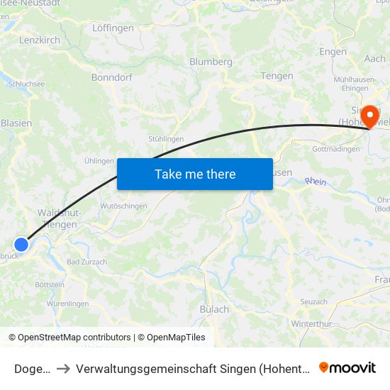Dogern to Verwaltungsgemeinschaft Singen (Hohentwiel) map