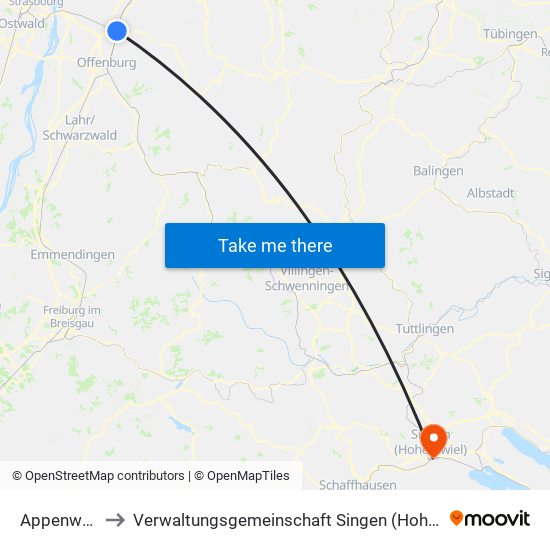 Appenweier to Verwaltungsgemeinschaft Singen (Hohentwiel) map