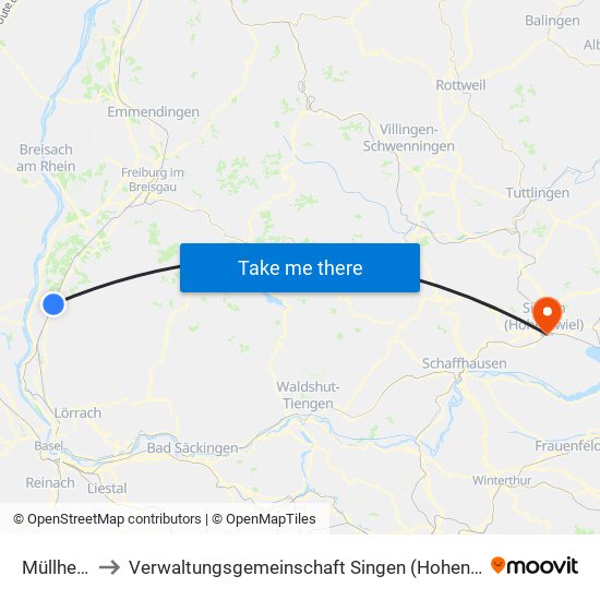 Müllheim to Verwaltungsgemeinschaft Singen (Hohentwiel) map