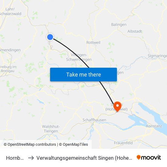 Hornberg to Verwaltungsgemeinschaft Singen (Hohentwiel) map