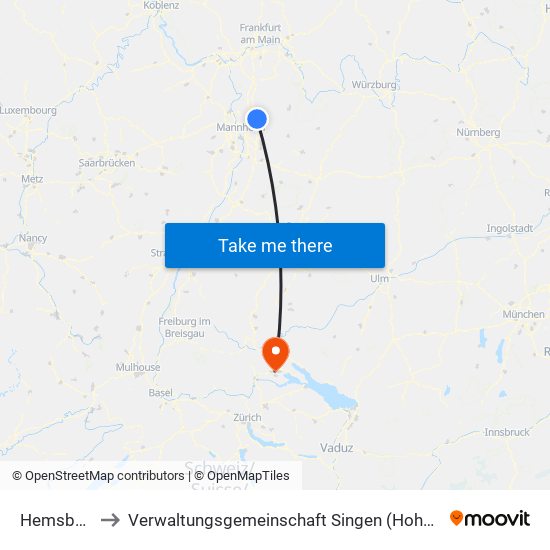 Hemsbach to Verwaltungsgemeinschaft Singen (Hohentwiel) map