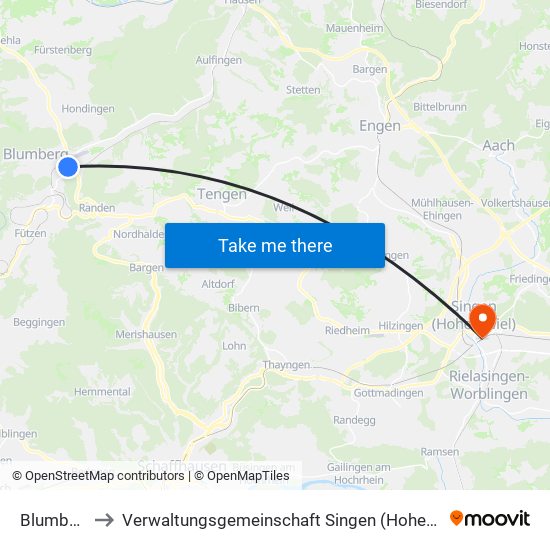 Blumberg to Verwaltungsgemeinschaft Singen (Hohentwiel) map