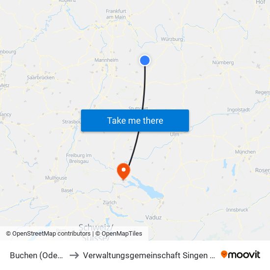 Buchen (Odenwald) to Verwaltungsgemeinschaft Singen (Hohentwiel) map