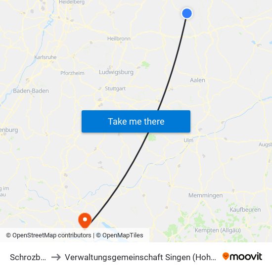 Schrozberg to Verwaltungsgemeinschaft Singen (Hohentwiel) map