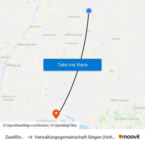 Zweiflingen to Verwaltungsgemeinschaft Singen (Hohentwiel) map