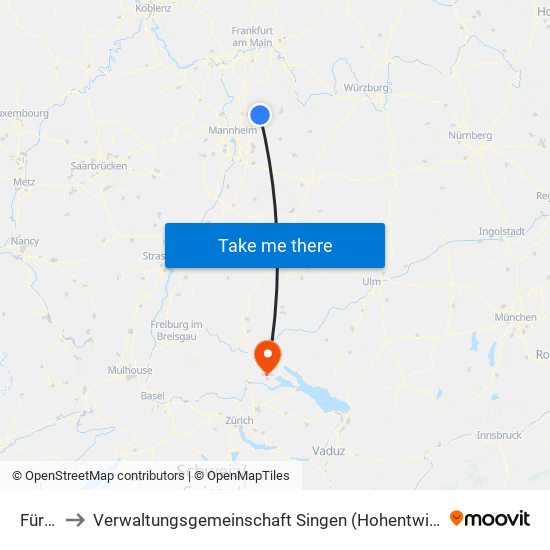 Fürth to Verwaltungsgemeinschaft Singen (Hohentwiel) map
