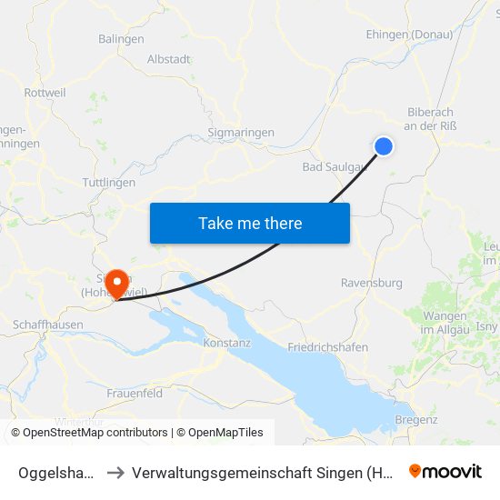 Oggelshausen to Verwaltungsgemeinschaft Singen (Hohentwiel) map