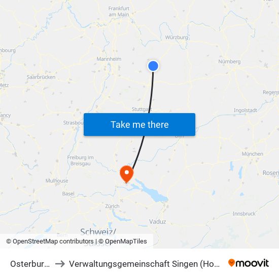 Osterburken to Verwaltungsgemeinschaft Singen (Hohentwiel) map