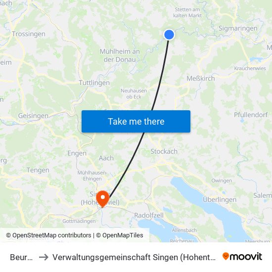 Beuron to Verwaltungsgemeinschaft Singen (Hohentwiel) map