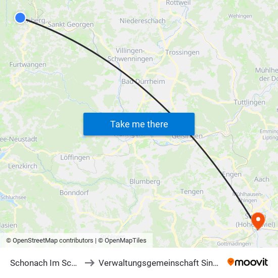 Schonach Im Schwarzwald to Verwaltungsgemeinschaft Singen (Hohentwiel) map