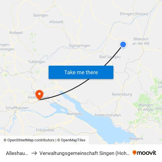 Alleshausen to Verwaltungsgemeinschaft Singen (Hohentwiel) map