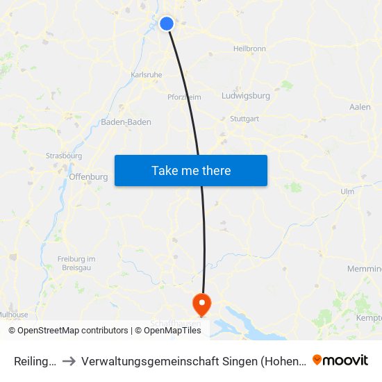 Reilingen to Verwaltungsgemeinschaft Singen (Hohentwiel) map