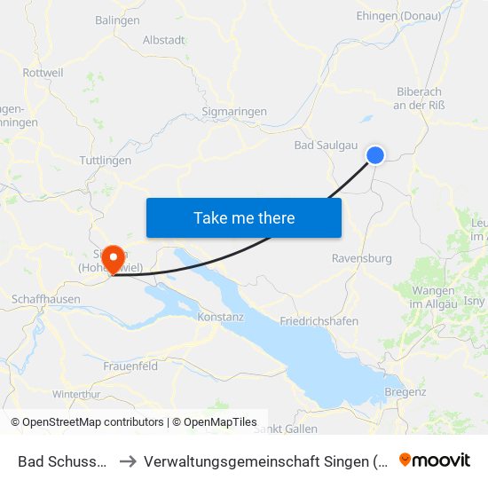 Bad Schussenried to Verwaltungsgemeinschaft Singen (Hohentwiel) map