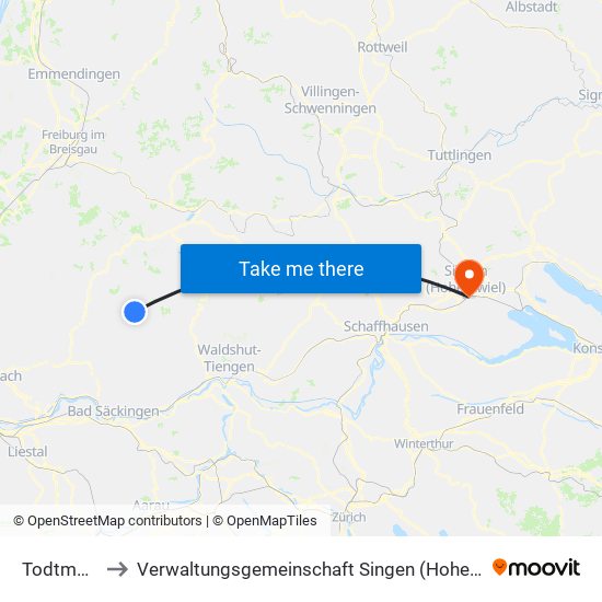 Todtmoos to Verwaltungsgemeinschaft Singen (Hohentwiel) map
