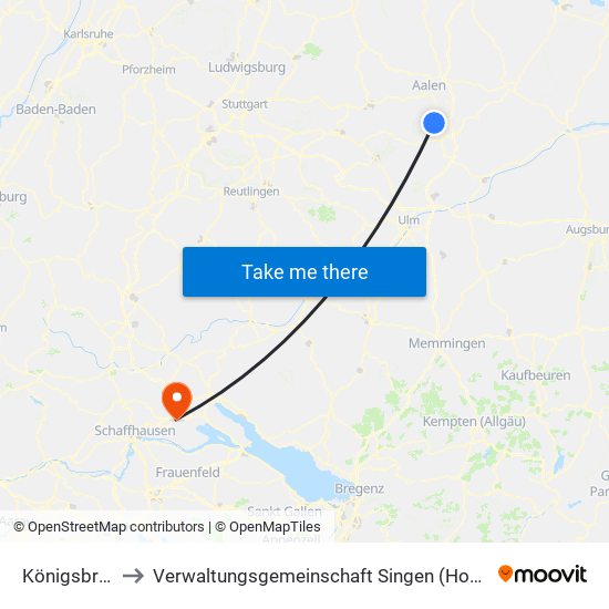 Königsbronn to Verwaltungsgemeinschaft Singen (Hohentwiel) map